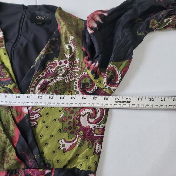 Cenia New York Jumpsuit Womens 10 Green Black Silk Paisley Wide Leg Fairy Whimsy - Picture 9 of 12